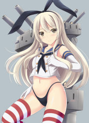 Rule 34 | 10s, 1girl, black panties, blonde hair, blush, elbow gloves, gloves, hairband, highres, kantai collection, long hair, looking at viewer, mizunashi kenichi, navel, panties, rensouhou-chan, shimakaze (kancolle), simple background, smile, solo, striped clothes, striped thighhighs, thighhighs, underwear, yellow eyes