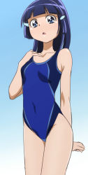 Rule 34 | 10s, 1girl, aoki reika, blue hair, blush, competition swimsuit, eyelashes, gradient background, hair ornament, hairclip, long hair, looking at viewer, oimanji, one-piece swimsuit, open mouth, precure, school swimsuit, simple background, smile precure!, solo, standing, swimsuit, white background