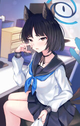 Rule 34 | 1girl, absurdres, animal ears, black eyes, black hair, black nails, black sailor collar, black skirt, blue archive, blue halo, blue neckerchief, blurry, blurry background, blush, cat ears, cat tail, collarbone, fingernails, halo, highres, indoors, keyboard (computer), kikyou (blue archive), long sleeves, mi taro333, multiple tails, nail polish, neckerchief, open mouth, pleated skirt, sailor collar, short hair, sitting, skirt, solo, tail, tissue, tissue box, two tails