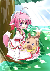 Rule 34 | 10s, absurdres, ahoge, animal ears, bare shoulders, blush, dog, dog days, dog ears, dog tail, dress, elbow gloves, highres, millhiore f. biscotti, open mouth, pink hair, purple eyes, sitting, smile, tail