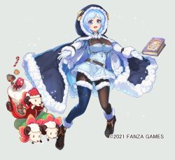 Rule 34 | 1girl, ankle boots, asymmetrical legwear, barometz (fruits fulcute!), belt, blue cloak, blue dress, blue eyes, blue hair, book, boots, breasts, christmas, cleavage, cloak, copyright name, copyright notice, creature, dress, floating, fruits fulcute!, fur-trimmed boots, fur-trimmed cloak, fur-trimmed dress, fur trim, gift, hat, kirikawa ikumu, large breasts, mismatched legwear, official art, open mouth, outstretched arms, pantyhose, reaching, reaching towards viewer, santa hat, see-through, see-through dress, sheep, simple background, sleigh, solo focus, thighhighs