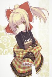 Rule 34 | 1girl, absurdres, ahoge, black shirt, blonde hair, book, borrowed character, bow, brown dress, brown eyes, buran (kure), closed mouth, commentary request, dress, frilled bow, frills, hair bow, high ponytail, highres, long hair, long sleeves, looking at viewer, hugging object, original, plaid, ponytail, red bow, shirt, sidelocks, sleeveless, sleeveless dress, sleeves past fingers, sleeves past wrists, solo
