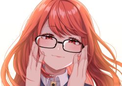 Rule 34 | 1girl, black-framed eyewear, blush, commentary, english commentary, fingernails, glasses, hands on own face, highres, lips, long hair, looking at viewer, persona, persona 5, persona 5 the royal, pink lips, red eyes, red hair, simple background, smile, solo, upper body, white background, yoshizawa sumire, yura s arts