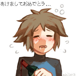 Rule 34 | 1boy, alcohol, artist name, blue shirt, blush, bottle, brown hair, closed eyes, creatures (company), dated, drink, drooling, drunk, flying sweatdrops, game freak, hand up, hatomura miri, holding, japanese text, male focus, nate (pokemon), nintendo, nose blush, open mouth, pokemon, pokemon bw2, saliva, shirt, short hair, signature, simple background, solo, tears, translation request, upper body, white background, wine