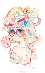 Rule 34 | 1girl, blunt bangs, bracelet, blowing bubbles, bubble wand, chinese commentary, collarbone, commentary request, eyelashes, fingernails, heart, heart-shaped eyewear, holding, holding wand, huangpi sang, jewelry, key, looking ahead, nude, o3o, original, pale skin, pink ribbon, rainbow, red-framed eyewear, red eyes, ribbon, short hair, solo, sunglasses, upper body, wand, watermark, weibo logo, weibo watermark, white background, white hair