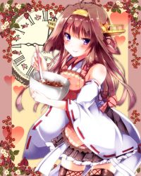 Rule 34 | 10s, 1girl, :p, ahoge, apron, bad id, bad pixiv id, bare shoulders, blush, bowl, breasts, brown hair, clock, flower, headband, heart, kantai collection, kongou (kancolle), long hair, long sleeves, looking at viewer, mixing bowl, nontraditional miko, open mouth, purple eyes, sakura romu, smile, solo, spoon, thighhighs, tongue, tongue out