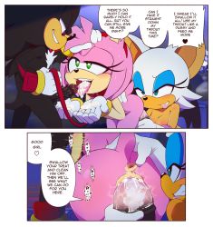 Rule 34 | 1boy, 2girls, ?, amy rose, animal ears, anus, ass, bat ears, bisexual female, black hair, breasts, collar, cum, cum in mouth, cum on tongue, cup hands, english text, eyelashes, furry, gloves, grabbing another&#039;s hair, grin, heart, heart-shaped pupils, hecticarts, highres, holding, holding leash, interspecies, leash, looking at another, multiple girls, netorare, object insertion, penis, pink fur, pink hair, profile, pussy, pussy juice, rouge the bat, sex toy, shadow the hedgehog, sideways mouth, smile, sonic (series), standing, symbol-shaped pupils, tail, teeth, text focus, tongue, tongue out, upper teeth only, vaginal, vaginal object insertion, white gloves