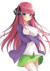 Rule 34 | 1girl, :&gt;, black ribbon, blunt bangs, blush, breasts, butterfly hair ornament, cardigan, crossed arms, go-toubun no hanayome, green skirt, hair ornament, highres, hime cut, large breasts, lineflo, long hair, nakano nino, open cardigan, open clothes, pink hair, purple cardigan, ribbon, shirt, simple background, skirt, thighhighs, v-shaped eyebrows, white background, white shirt, white thighhighs, zettai ryouiki