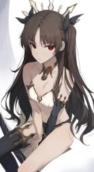 Rule 34 | 1girl, armlet, bare shoulders, between legs, bikini, black bikini, blurry, breasts, brown hair, cleavage, collar, detached sleeves, fate/grand order, fate (series), frown, gnns, gold trim, hair ribbon, hand between legs, highres, ishtar (fate), long hair, looking at viewer, medium breasts, mismatched bikini, navel, parted bangs, red eyes, ribbon, single detached sleeve, single thighhigh, sitting, solo, stomach, swimsuit, thighhighs, thighs, two side up, v-shaped eyebrows, very long hair, white bikini