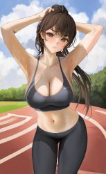 Rule 34 | 1girl, armpits, arms up, black eyes, black hair, black pants, black sports bra, breasts, cleavage, commentary, highres, large breasts, logo, long hair, looking at viewer, midriff, myabit, navel, nike (company), original, outdoors, pants, parted lips, ponytail, sports bra, stomach, sweat, symbol-only commentary