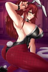Rule 34 | 0hmyhowlewd, 1girl, animal ears, arm up, armpits, ass, black nails, blush, bracelet, breasts, cleavage, fake animal ears, fishnets, highres, huge breasts, jewelry, leotard, nail polish, playboy bunny, ponytail, red hair, solo, spiked bracelet, spikes, virtual youtuber, vshojo, yellow eyes, zentreya
