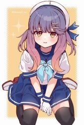 Rule 34 | 1girl, black thighhighs, blue neckerchief, blue sailor collar, blue skirt, blush, full body, gloves, hair ornament, hat, kantai collection, kozu (bloomme1 me), long hair, looking at viewer, neckerchief, open mouth, pleated skirt, puffy short sleeves, puffy sleeves, purple hair, sailor collar, sailor hat, school uniform, serafuku, shoes, short sleeves, sitting, skirt, solo, thighhighs, tsushima (kancolle), wariza, white gloves, white hat, yellow eyes