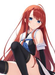 Rule 34 | 1girl, absurdres, alternate hairstyle, artist request, black thighhighs, blue eyes, elbow gloves, gloves, highres, kantai collection, kawakaze (kancolle), long hair, red hair, sailor collar, simple background, sitting, sleeveless, solo, thighhighs, very long hair