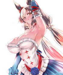 Rule 34 | 1girl, animal ears, arm behind back, armpits, blue skirt, blue sleeves, breasts, brown hair, cleavage, commentary request, detached sleeves, ear scrunchie, heavy breathing, highres, horse ears, horse girl, large breasts, looking at viewer, low twintails, multicolored hair, red scrunchie, scrunchie, sdwing, simple background, skirt, solo, streaked hair, sweat, twintails, umamusume, white background, white hair, yamanin zephyr (umamusume)