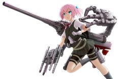 Rule 34 | 10s, 1girl, alternate weapon, bike shorts, black socks, blue eyes, collared shirt, frown, furrowed brow, gloves, grey skirt, hair ornament, highres, kantai collection, kneehighs, kyou (tr-6), leg up, machinery, mechanical arms, neck ribbon, pink hair, pleated skirt, ponytail, red ribbon, ribbon, school uniform, serious, shiranui (kancolle), shirt, short hair, short ponytail, simple background, single mechanical arm, skirt, socks, solo, thigh strap, vest, weapon, white background, white gloves