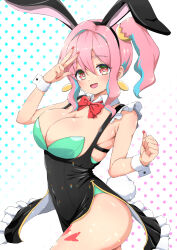 Rule 34 | 1girl, absurdres, animal ears, aqua leotard, black dress, breasts, cleavage, commentary, covered navel, cowboy shot, detached collar, dress, earrings, fake animal ears, frills, gradient background, hair between eyes, hair intakes, highres, hozuki kaede, isakoro (hx9cj), jewelry, large breasts, leotard, leotard under clothes, looking at viewer, multicolored hair, onii-chan wa oshimai!, open mouth, pink hair, playboy bunny, polka dot, polka dot background, rabbit ears, rabbit tail, side ponytail, sleeveless, sleeveless dress, smile, solo, strapless, strapless leotard, tail, thighs, two-tone hair, w, white background, wrist cuffs