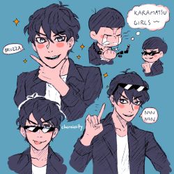 Rule 34 | 1boy, artist name, black eyes, black hair, black shirt, blue background, claireiosity, closed eyes, closed mouth, collarbone, crying, english text, expressions, eyebrows, hair between eyes, hand on own face, highres, light blush, long sleeves, male focus, matsuno karamatsu, open mouth, osomatsu-san, osomatsu (series), pale skin, raised eyebrow, shirt, short hair, sleeves past elbows, smile, solo, solo focus, sparkle, speech bubble, sunglasses, tears, teeth, thought bubble, tongue, tongue out, twitter username, watermark, white shirt