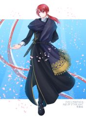 Rule 34 | 1boy, arm behind back, black footwear, copyright name, earrings, full body, hair between eyes, highres, hikiniku682, jewelry, knife, long hair, long sleeves, male focus, petals, pixiv fantasia, pixiv fantasia age of starlight, ponytail, red eyes, red hair, ruby argentia, scar, scar on face, sheath, sheathed, solo, standing