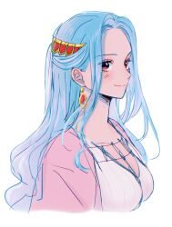 Rule 34 | 1girl, blue hair, blush, brown eyes, cape, closed mouth, commentary request, cropped torso, dcdc 28h, dress, earrings, half updo, headband, highres, jewelry, light blue hair, long hair, looking at viewer, nefertari vivi, one piece, pink cape, sidelocks, smile, solo, upper body, white dress