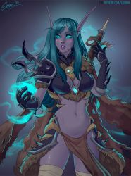 Rule 34 | 1girl, armor, bandages, blood elf (warcraft), colored skin, death knight (warcraft), elf, glowing, glowing eyes, long eyebrows, long hair, long pointy ears, looking at viewer, pelvic curtain, pointy ears, shoulder spikes, sienna artwork, spiked armor, spikes, undead, warcraft, world of warcraft