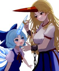 Rule 34 | 2girls, :d, absurdres, blonde hair, blue dress, blue eyes, blue hair, blue skirt, breasts, cirno, closed mouth, collared shirt, cuffs, dress, fairy, highres, horns, hoshiguma yuugi, ice, ice horns, ice wings, large breasts, long hair, looking at another, mikan (manmarumikan), multiple girls, neck ribbon, oni, open mouth, pinafore dress, puffy short sleeves, puffy sleeves, red eyes, red horns, red ribbon, ribbon, shackles, shirt, short hair, short sleeves, simple background, single horn, skirt, sleeveless dress, smile, star (symbol), touhou, white background, white shirt, wings