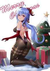 Rule 34 | absurdres, ahoge, ass, back, backless outfit, bell, black pantyhose, blue hair, blush, bodystocking, bodysuit, bound, bow, breasts, christmas, christmas ornaments, christmas tree, covered erect nipples, curled horns, elbow gloves, feet, from behind, ganyu (genshin impact), genshin impact, gift, gloves, gold trim, hair ornament, highres, horns, karmiel, kneeling, leotard, leotard under clothes, long hair, looking at viewer, low ponytail, medium breasts, merry christmas, multicolored eyes, pantyhose, purple eyes, red gloves, sidelocks, smile, soles, solo, thighlet, thighs