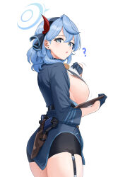 Rule 34 | 1girl, :o, ?, absurdres, ako (blue archive), black garter belt, black skirt, blue archive, blue eyes, blue hair, blue jacket, blush, breasts, commentary, earrings, garter belt, gloves, half gloves, halo, highres, holding, holding clothes, holding notepad, holding shirt, holstered, jacket, jewelry, large breasts, looking at viewer, looking back, nonbire, notepad, revision, shirt, sideboob, simple background, skirt, solo, stud earrings, white background