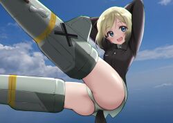 Rule 34 | 1girl, absurdres, ass, blonde hair, blue eyes, blush, breasts, dog tail, erica hartmann, highres, kuroniko, looking at viewer, military uniform, open mouth, panties, short hair, sky, small breasts, smile, solo, strike witches, striker unit, tail, underwear, uniform, white panties, world witches series