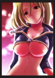 Rule 34 | 1girl, absurdres, breasts, brown hair, cleavage, crop top, highres, large breasts, original, red eyes, shirt, solo, taut clothes, taut shirt, tennouji mamichi, tennouji masamichi, underboob