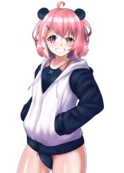Rule 34 | 1girl, ahoge, animal ears, animal hood, black one-piece swimsuit, commentary request, competition swimsuit, cowboy shot, grin, hair ornament, hairclip, hands in pockets, highres, hood, hooded jacket, hoodie, jacket, multicolored clothes, multicolored jacket, nijisanji, one-piece swimsuit, panda ears, panda hood, pink eyes, pink hair, pointy ears, sasaki saku, short hair, simple background, smile, solo, standing, swimsuit, swimsuit under clothes, two-tone jacket, virtual youtuber, white background, yurizuku owl, zipper, zipper pull tab