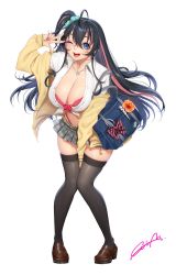 Rule 34 | 1girl, absurdres, bag, black hair, blue eyes, bow, bra, breasts, cleavage, coat, collarbone, earrings, eyeshadow, flower, hair rings, highres, jewelry, large breasts, lipstick, long hair, looking at viewer, makeup, masami chie, microskirt, miniskirt, mole, mole under eye, multicolored hair, nail polish, necklace, one eye closed, open mouth, original, panties, red panties, ribbon, school bag, school uniform, shirt, shoes, side ponytail, skirt, solo, thighhighs, underwear, w
