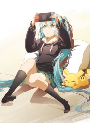 Rule 34 | 1girl, alternate costume, aqua eyes, aqua hair, arms up, beige background, black bow, black hoodie, black socks, bow, casual, chinese commentary, commentary request, creatures (company), crossover, drawstring, full body, game freak, gen 1 pokemon, gradient background, green skirt, hair between eyes, hair bow, hatsune miku, holding, hood, hoodie, jokanhiyou, knee up, kneehighs, long hair, long sleeves, looking up, lying, miniskirt, nintendo, nintendo switch, on stomach, pikachu, pillow, pleated skirt, pokemon, pokemon (creature), shadow, sitting, skirt, socks, thighs, twintails, very long hair, vocaloid, white background