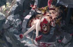 Rule 34 | 1girl, absurdres, animal ears, bare shoulders, bow, breasts, broken pillar, brooch, choker, cleavage, crossed legs, cup, detached sleeves, double bun, dress, drinking glass, floating armor, flower, frills, hair bun, hair flower, hair ornament, head on hand, highres, horns, jewelry, light brown hair, looking at viewer, medium breasts, monosucre, original, parted bangs, pillar, plant, red bow, red eyes, red flower, red footwear, red rose, rose, sidelocks, sitting, solo, tail, thighhighs, throne, tiara, vines, virtual youtuber, white choker, white dress, white thighhighs, wine glass