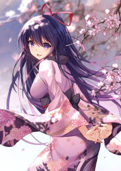 Rule 34 | 1girl, arms behind back, bison cangshu, blurry, blurry background, blush, breasts, cherry blossoms, date a live, floating hair, from behind, hair between eyes, highres, japanese clothes, kimono, long hair, looking at viewer, looking back, medium breasts, obi, open mouth, ponytail, purple eyes, purple hair, purple kimono, ribbon, sash, smile, solo, very long hair, wide sleeves, wind, yatogami tooka