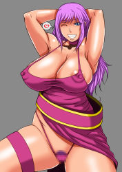 Rule 34 | 1girl, alternate color, armpits, arms behind head, breasts, cleavage, covered erect nipples, fatal fury, garou: mark of the wolves, garou mark of the wolves, grin, highres, huge breasts, jenet behrn, looking at viewer, one eye closed, papepox2, purple hair, smile, snk, solo, the king of fighters, wink