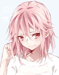 Rule 34 | 10s, 1girl, alternate hair length, alternate hairstyle, ariilha12, blush, guilty crown, highres, long hair, looking at viewer, pink eyes, pink hair, playing with own hair, simple background, smile, solo, twintails, yuzuriha inori