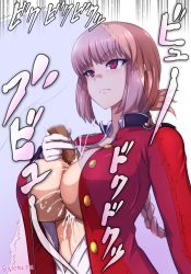 Rule 34 | 1boy, 1girl, braid, breasts, cleavage, closed mouth, commentary request, cum, cum on body, cum on breasts, cum on upper body, epaulettes, erection, expressionless, fate/grand order, fate (series), florence nightingale (fate), folded ponytail, gloves, gradient background, hetero, highres, isemagu, jacket, large breasts, long hair, looking at another, military, military uniform, no bra, open clothes, open jacket, open shirt, paizuri, penis, pink hair, red eyes, red jacket, reverse paizuri, shirt, solo focus, twitter username, unbuttoned, uniform, white gloves, white shirt