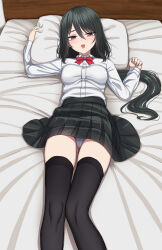 Rule 34 | 1girl, absurdres, bed sheet, black thighhighs, bow, bowtie, buttons, collared shirt, commentary request, feet out of frame, green hair, green skirt, hair between eyes, highres, long hair, long sleeves, looking at viewer, lying, on back, open mouth, original, panties, pillow, pleated skirt, red bow, red bowtie, red eyes, sayano (yakob labo), shirt, skirt, solo, thighhighs, underwear, white shirt, yakob labo