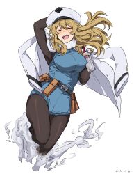Rule 34 | 1girl, :d, alcohol, andreanof pepesha, arm up, belt, black belt, blonde hair, blush, bottle, brown pantyhose, closed eyes, gloves, hand up, highres, holding, holding bottle, jacket, jacket on shoulders, long hair, open clothes, open jacket, open mouth, pantyhose, pouch, shy (series), simple background, smile, solo, takatisakana, teeth, upper teeth only, vodka, white background, white gloves, white headwear