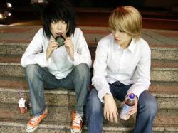 Rule 34 | 2boys, alternate hair color, asian, bags under eyes, cosplay, cosplay photo, death note, eating, food, l (death note), lowres, male focus, multiple boys, onigiri, photo (medium), yagami light