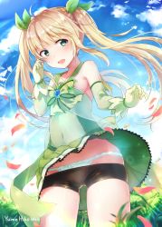 Rule 34 | 1girl, :d, ahoge, black shorts, blonde hair, blue sky, blush, bow, bowtie, brooch, cloud, cloudy sky, commentary request, covered navel, cowboy shot, day, elbow gloves, falling leaves, fujihan (osamuraifuji), gloves, grass, green bow, green bowtie, green eyes, green gloves, green ribbon, green shirt, green skirt, hair ribbon, hand up, jewelry, lace, lace-trimmed panties, lace trim, leaf, legs apart, long hair, looking at viewer, miniskirt, necklace, open mouth, original, outdoors, panties, pleated skirt, ribbon, see-through, shirt, short shorts, shorts, shorts under skirt, sidelocks, skirt, sky, sleeveless, sleeveless shirt, smile, solo, standing, twintails, underwear, white panties, wind, wind lift, yumehiko