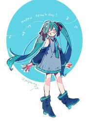 Rule 34 | 1girl, blue hair, blush, boots, bow, closed eyes, collared dress, commentary request, detached sleeves, dress, facing viewer, full body, grin, hair bow, hatsune miku, hazime, highres, long hair, long sleeves, miku day, musical note, nail polish, necktie, sleeveless, sleeveless dress, smile, solo, twintails, very long hair, vocaloid