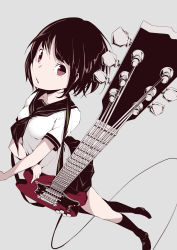 Rule 34 | 1girl, absurdres, bad id, bad pixiv id, black hair, bob cut, collarbone, dutch angle, electric guitar, from above, gibson, gibson sg, grey background, guitar, high contrast, highres, instrument, looking at viewer, looking up, open mouth, original, rca, red eyes, school uniform, serafuku, short hair, simple background, solo