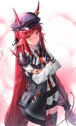 Rule 34 | 1girl, arknights, blush, braid, crossed arms, demon girl, demon horns, demon tail, highres, horns, lace, long hair, long sleeves, looking at viewer, milcona, necktie, red eyes, red hair, shirt, skirt, solo, tail, thighhighs, very long hair, vigna (arknights), white shirt