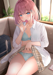 Rule 34 | 1girl, beige skirt, blue bra, blue eyes, blue panties, blush, bra, breasts, brown hair, cleavage, closed mouth, clothes lift, collarbone, collared shirt, condom, condom wrapper, dress shirt, hair ornament, hairclip, highres, long sleeves, looking at viewer, medium breasts, monaka curl, mouth hold, open clothes, open shirt, original, panties, plaid, plaid skirt, shirt, short hair, sitting, skirt, skirt lift, solo, thighs, underwear, white shirt