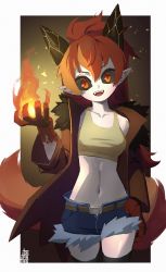 Rule 34 | 1girl, absurdres, black sclera, borrowed character, collarbone, colored sclera, commentary, denim, denim shorts, english commentary, fire, fur trim, highres, horns, jacket, long hair, looking at viewer, midriff, monster girl, navel, original, pale skin, pointy ears, red eyes, red hair, sanpaku, scales, short shorts, shorts, solo, symbol-only commentary, tail, teeth, thighhighs, tostantan, upper teeth only