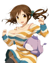 Rule 34 | 10s, 1girl, absurdres, bare shoulders, bouncing breasts, breasts, brown eyes, brown hair, cleavage, dress, hair ornament, heart, heart necklace, highres, idolmaster, idolmaster cinderella girls, jewelry, jumping, large breasts, looking at viewer, necklace, open mouth, pu-chin, smile, solo, striped clothes, striped dress, stuffed animal, stuffed toy, thighhighs, totoki airi, twintails, white background