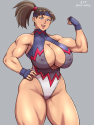 Rule 34 | 1girl, adapted costume, alternate costume, black widow (muscle bomber), blue eyes, breasts, brown hair, capcom, cleavage, covered erect nipples, flexing, halterneck, hand on own hip, headband, highres, huge breasts, makiya, muscle bomber, muscular, muscular female, open mouth, solo, thick thighs, thighs, wrestling outfit