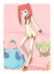 Rule 34 | 1girl, against wall, creature, full body, loafers, long sleeves, looking at viewer, mamoru (arizona), necktie, original, railing, red eyes, red hair, red necktie, sailor collar, school uniform, serafuku, shoes, solo, thighhighs, twintails, white thighhighs, zettai ryouiki
