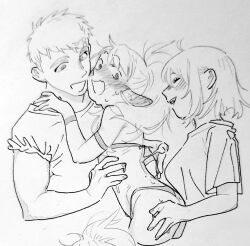 Rule 34 | 1boy, 2girls, :d, blush, boy and girl sandwich, closed eyes, commentary, dungeon meshi, elf, english commentary, falin touden, greyscale, hand on another&#039;s ass, laios touden, long hair, lotion, marcille donato, medium hair, monochrome, multiple girls, open mouth, pointy ears, ponytail, samipeko, sandwiched, short hair, short sleeves, sidelocks, smile, sunscreen, sweat, swimsuit, upper body, white background